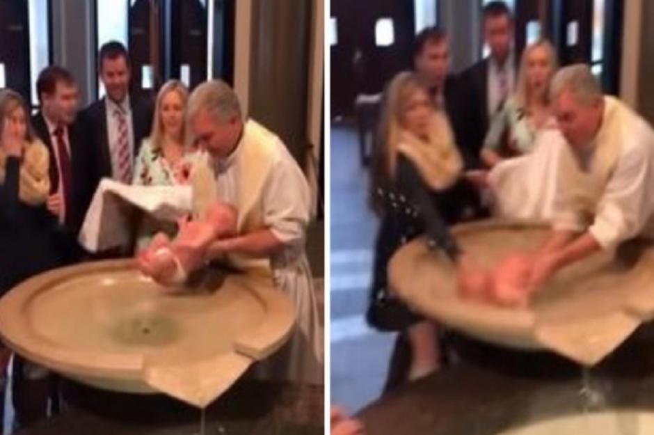 Un Sacerdote en Estados Unidos deja caer a un bebé en pleno bautizo. (Foto: Captura de video) twitter