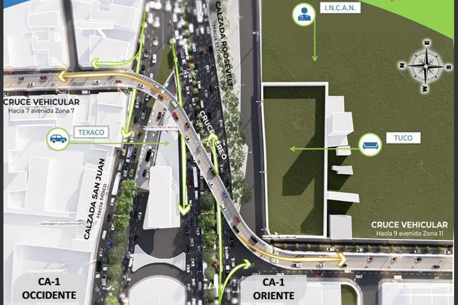 Un ambicioso paso a desnivel se construirá en la zona 11 y pasará sobre las calzadas Roosevelt y San Juan. (Foto: Municipalidad de Guatemala)