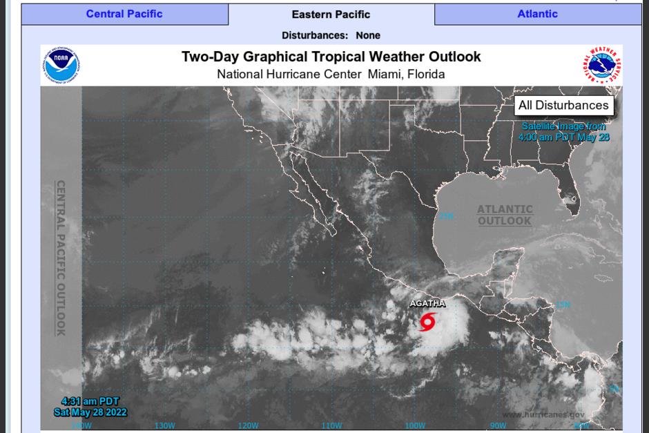 La depresión tropical UNO-E se ha convertido en tormenta Agatha. (Gráfica: NOA)