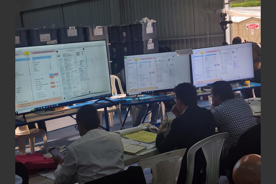 Los fiscales de partidos políticos observan el cotejo de las actas de la Junta Electoral del Distrito Central. (Foto: Soy502)