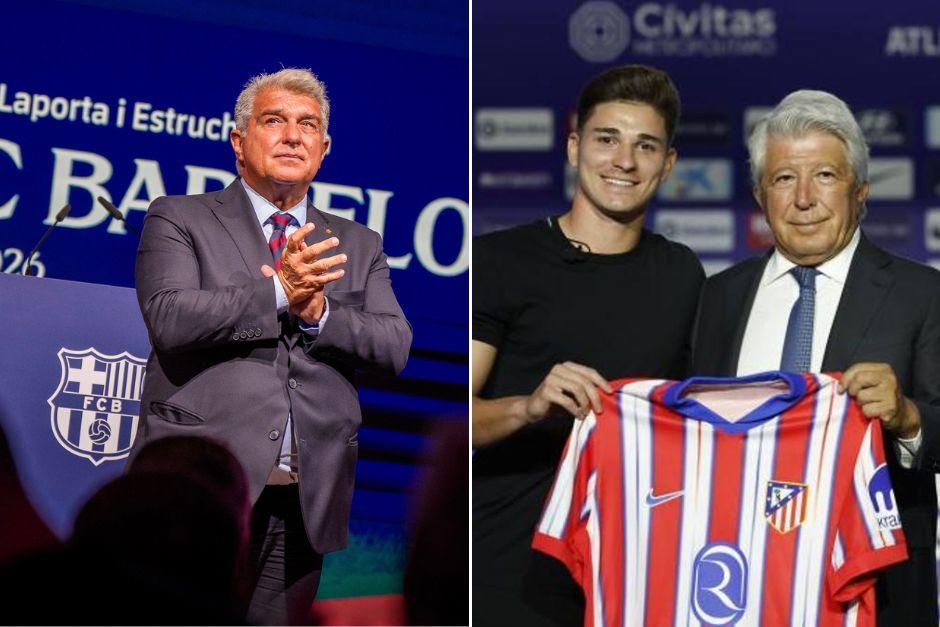 Joan Laporta dice que el Barsa buscará el fichaje de Julián Álvarez, pero el Atlético debe ceder en las negociaciones. (Fotos: FCB y Marca)