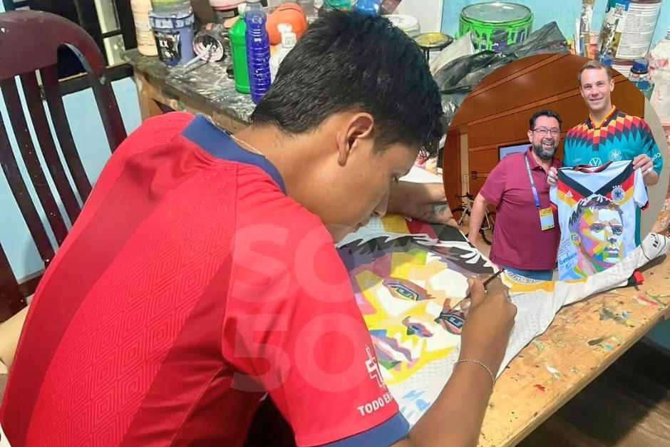 El pintor originario de El Progreso, Jutiapa llevó su arte a dos jugadores de la selección de Alemania. (Foto: Omar Pineda)