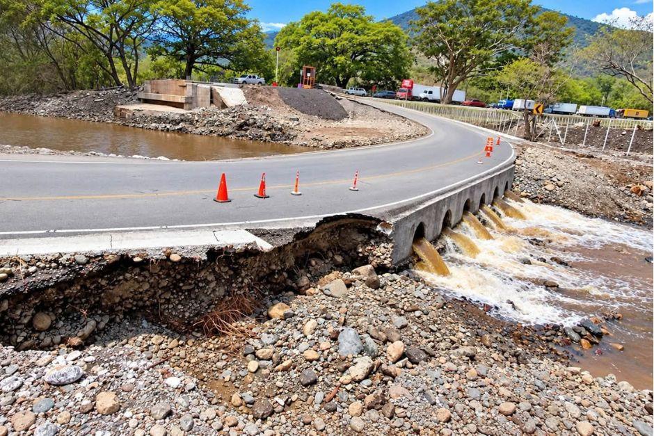 El badén provisional construido en el kilómetro 111 de la ruta al Atlántico ha sufrido daños estructurales. (Foto: Redes sociales)