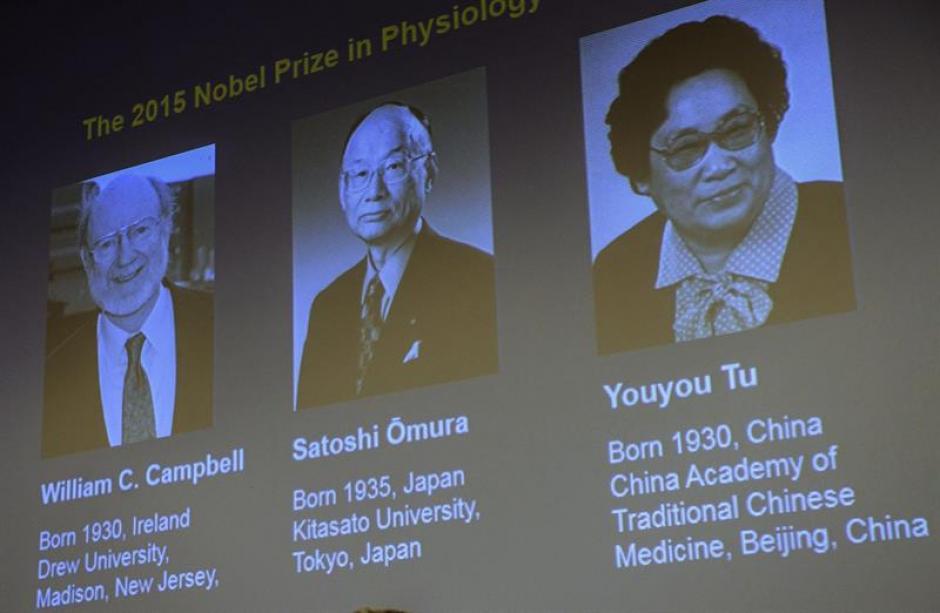 William C. Campbell, Satoshi Omura y Youyou Tu comparten el Premio Nobel de Medicina 2015. (Foto: EFE)