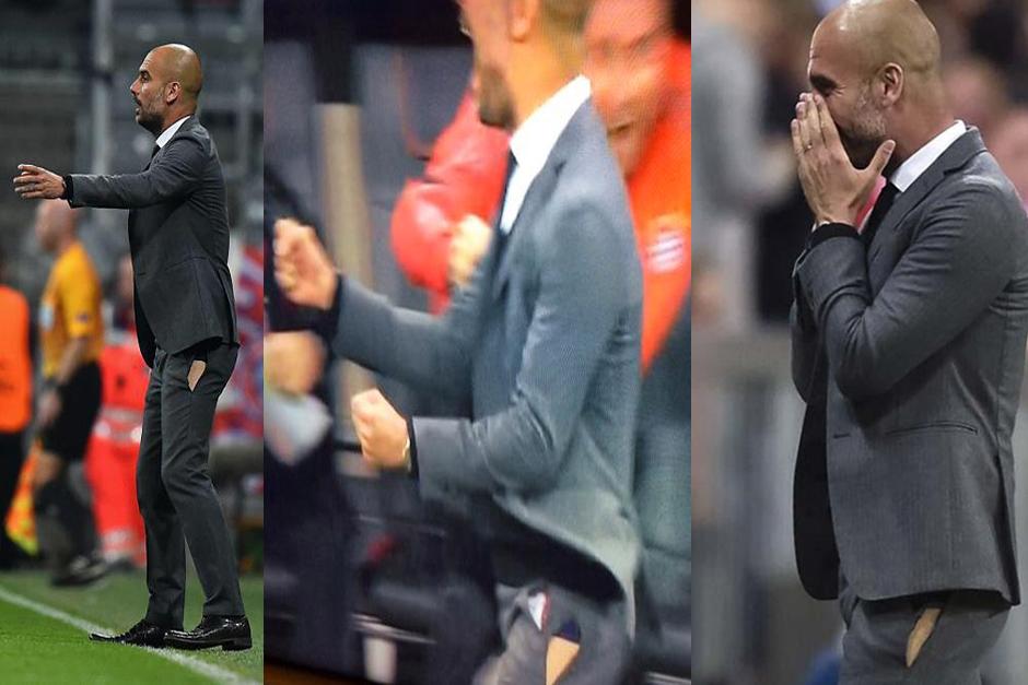 Pep Guardiola, técnico de Bayern Munich, vivió con tal intensidad el partido de su equipo frente al Porto que hasta se le rompió el pantalón.
