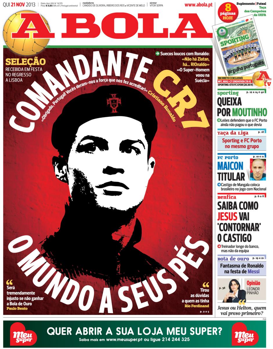 El periódico deportivo portugués “A Bola” le dedica la portada al futbolista Cristiano Ronaldo, caracterizándolo como el Comandante CR7, haciendo alusión al comentario de hace unos días de Joseph Blatter,