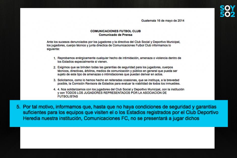 Comunicado de prensa del Club Comunicaciones apoyando la postura de Municipal de no visitar cualquier cancha en la que Deportivo Heredia sea local, debido a las amenazas e intimidaciones de aficionados y dirigentes de ese equipo contra los visitantes. (Diseño: Javier Marroquín/Soy502)