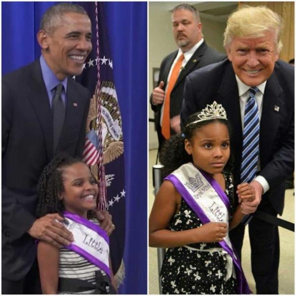 La expresión de la niña al momento de fotografiarse con el presidente Barack Obama y el candidato Donald Trump se vuelven virales. (Foto: Infobae) 