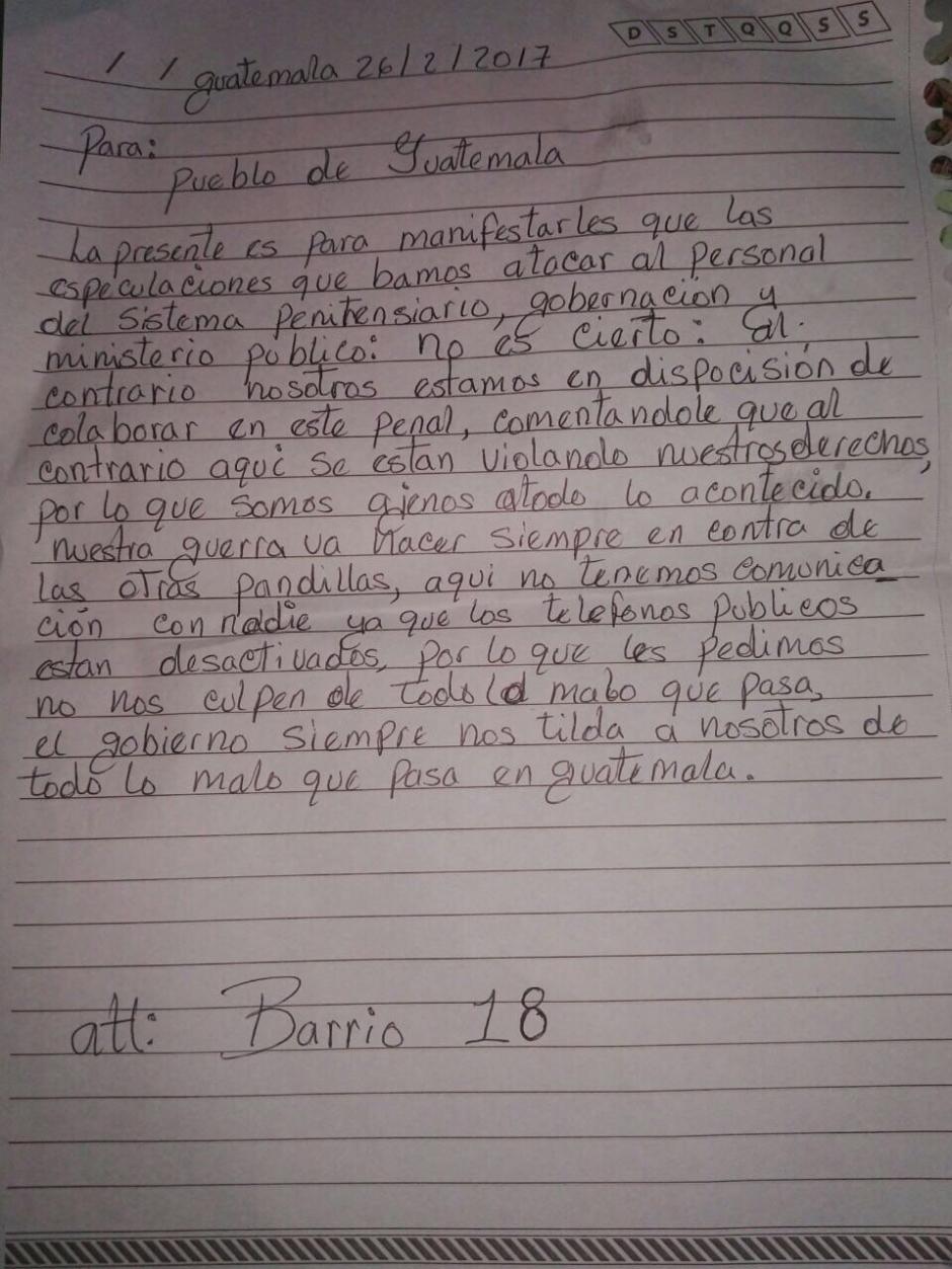 Esta nota ha sido distribuida en los medios de comunicación para negar la participación de pandilleros del Barrio 18 con posibles ataques. (Foto: Internet) 