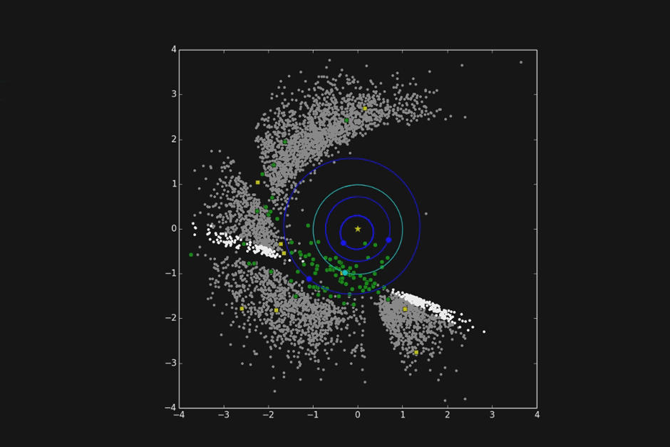 Cada punto representa un asteroide o un cometa que la misión observó. (imagen: NASA)