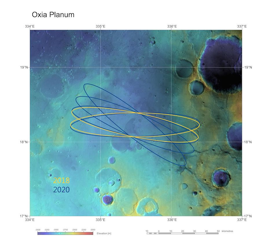 Oxia Planum, el lugar de aterrizaje de ExoMars 2018. Con las elipses de aterrizaje previstas para 2018 y 2020 (Foto. ESA/DLR/FU Berlin & NASA MGS MOLA Science Team).