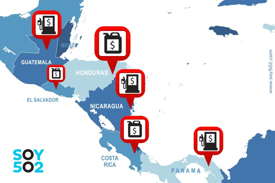 Los países de Centroamérica poseen los precios de gasolina más competitivos de Latinoamérica, pero ¿qué país tiene el precio más bajo? (Arte: Javier Marroquín/Soy502)