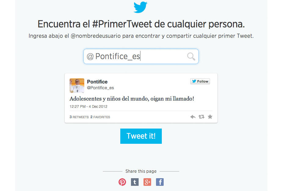 El primer tuit que fue subido a la cuenta usada por el papa. (Foto: Twitter)