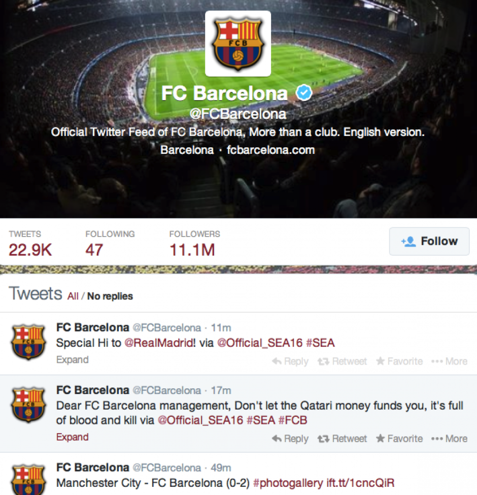 La Armada Electrónica Siria 'hackea' la cuenta de Twitter del Barcelona contra Qatar, como lo muestra la imagen. (Soy502)