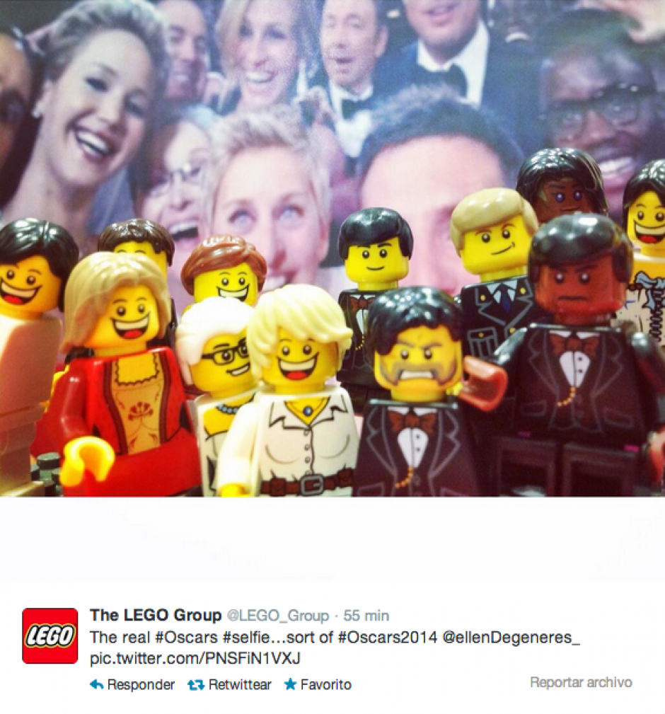 Desde la cuenta @Lego_group la compañia quizó ser parte de la historia de la "selfie" más retuiteada de la historia de Ellen DeGeneres.