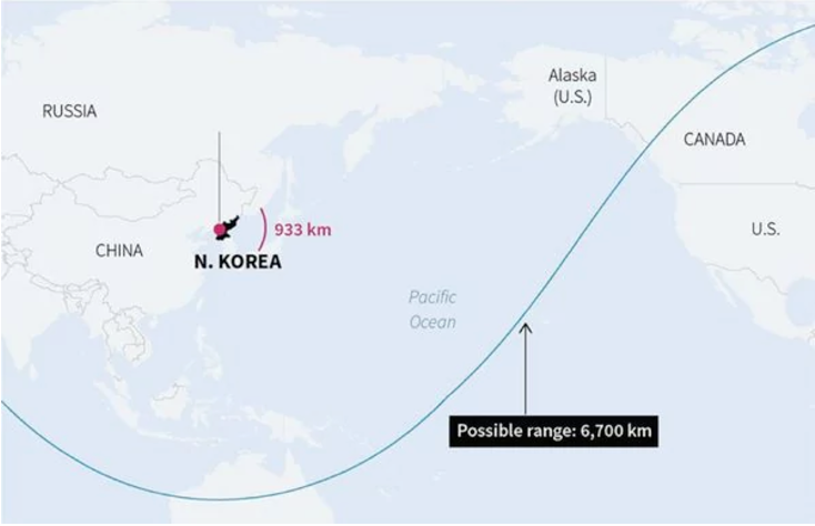 Este es el alcance del misil Hwasong-14 lanzado el 4 de julio. (imagen. Infobae)