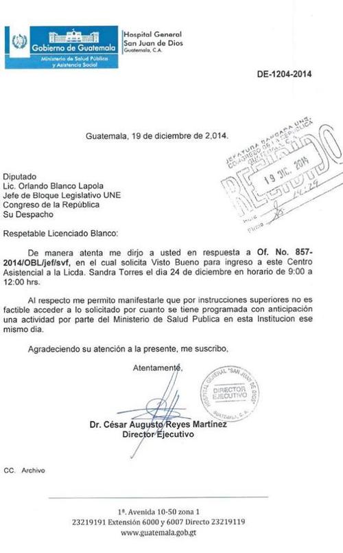 Esta fue la carta que circula en las redes sociales de Sandra Torres en la que se le niega el permiso para efectuar una visita a la pediatría del hospital general San Juan de Dios. (Foto: Facebook Sandra Torres)