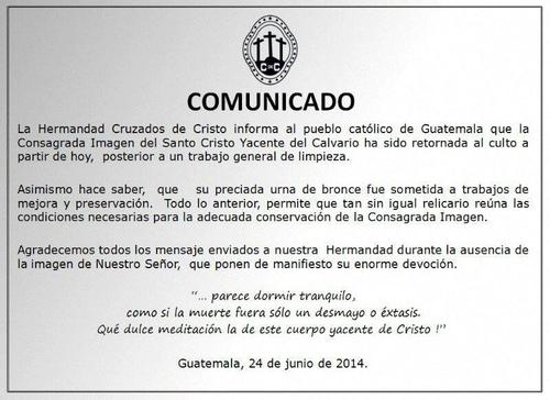 Este fue el comunicado emitido por la Hermandad Cruzados de Cristo al informar que la imagen ya hab&iacute;a sido devuelta despu&eacute;s de las mejoras. (Foto: Hermandad Cruzados de Cristo/ Facebook)