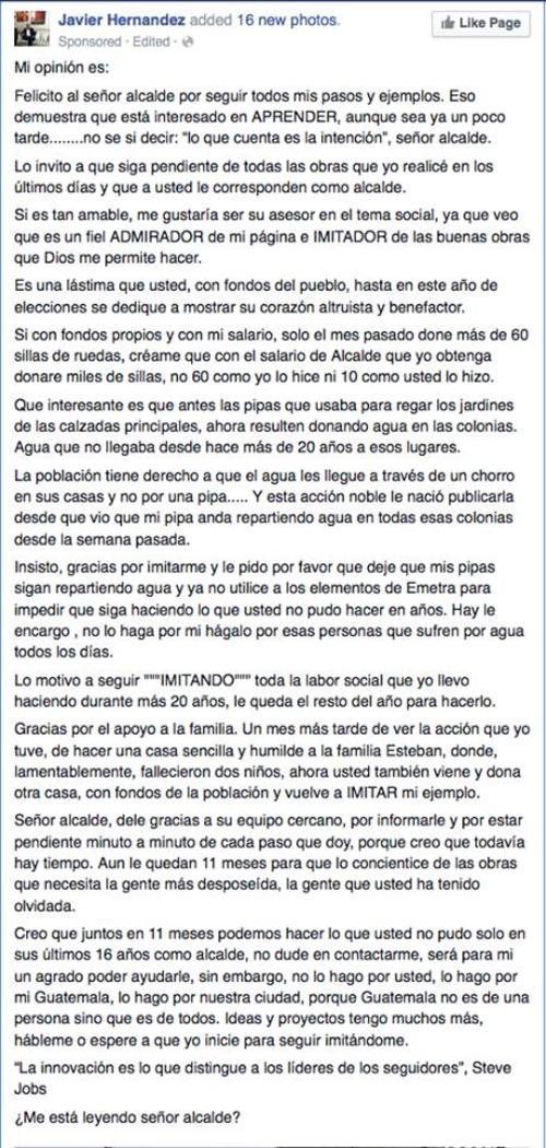 Javier Hern&aacute;ndez public&oacute; en su perfil de Facebook que el actual alcalde lo imita. (Foto: Facebook)