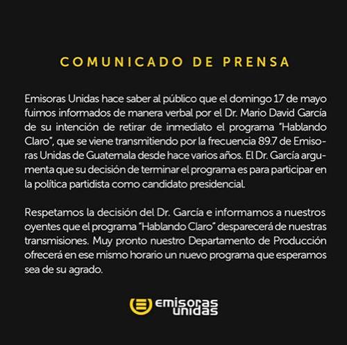 Emisoras Unidas, anunci&oacute; este lunes que el programa radial: Hablando Claro, queda fuera del aire debido a la participaci&oacute;n en la pol&iacute;tica de su conductor Mario David Garc&iacute;a. (Foto: Emisoras Unidas)