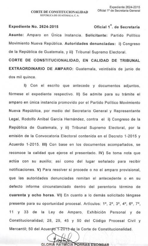 El recurso fue presentado por el Movimiento Nueva Rep&uacute;blica. 