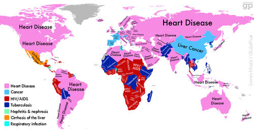 El rosado sobre el mapa representa los lugares donde m&aacute;s personas han muerto aquejadas de enfermedades cardiovasculares. (Imagen: Global Post) 