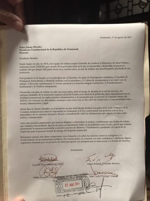 Esta es la carta de renuncia que presentó el equipo del Ministerio de Salud.