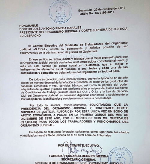 La bonificaci&oacute;n fue solicitada por el STOJ el 29 de octubre pasado. 