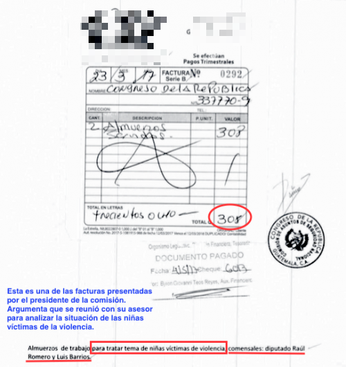 Esta es una de las facturas que presentó el diputado Raúl Romero. En la mayoría está acompañado de su asistente o asesor. (Foto: Soy502)