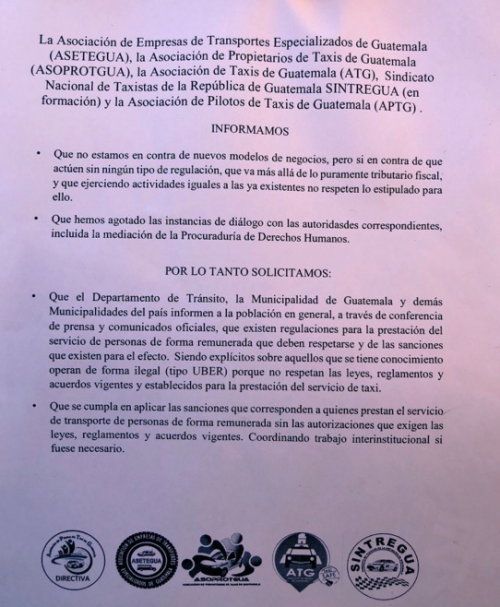 Este es el comunicado de los taxistas. (Foto: captura de pantalla) 