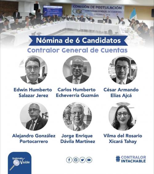 Los seis integrantes de la n&oacute;mina de aspirantes a dirigir la CGC. (Ilustraci&oacute;n: Guatemala Visible)