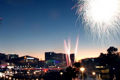 Los primeros fuegos artificiales se ven en el cielo sobre Elder Park durante las celebraciones de A&ntilde;o Nuevo en Adelaide, Australia del Sur (Foto: Infobae)