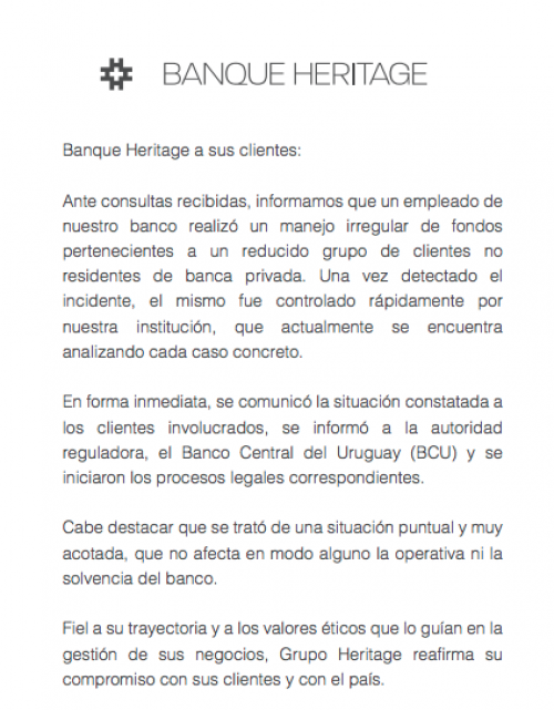 Comunicado del Banque Heritage. 