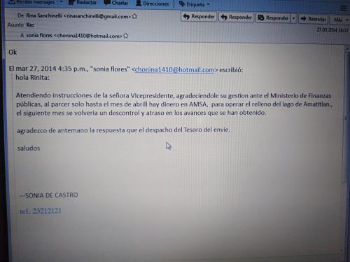 Rina Sanchinelli intercambi&oacute; correos con Sonia Castro, exasistente de Roxana Baldetti. 
