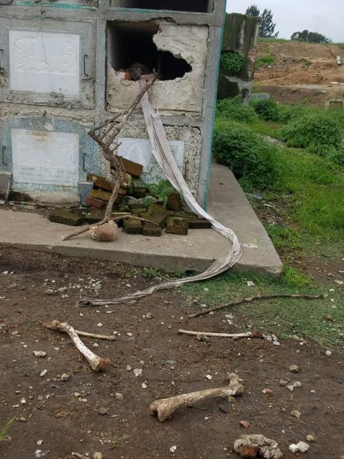 Una de las tumbas se encuentran abiertas, mientras que los restos humanos están tirados en su alrededor. (Foto: Jessica Gramajo/Soy502)