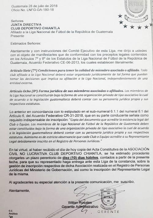 Oficio de la Liga Nacional, Chiantla