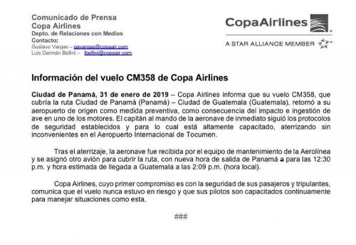 Comunicado de prensa difundido por Copa Airlines por el incidente de este jueves. 