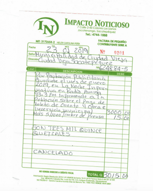 La factura publicada en el portal de Guatecompras 