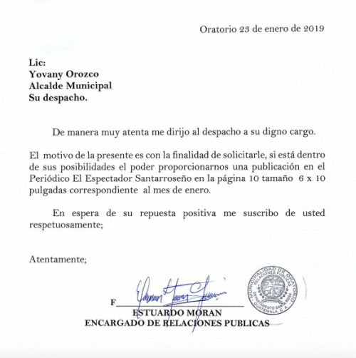 Carta para solicitar fondos destinados a pauta.