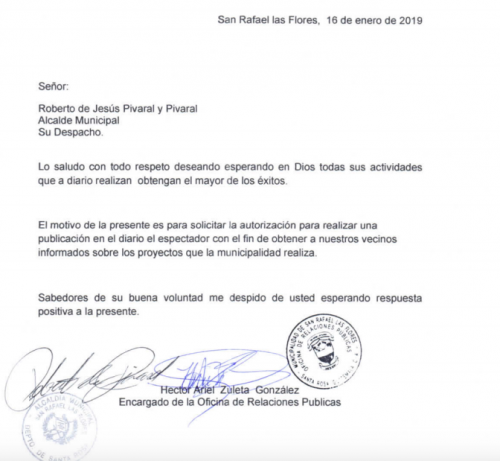 Carta enviada al alcalde de la municipalidad de San Rafael las Flores.