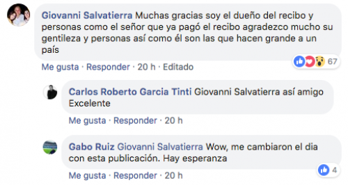 Este es el comentario de agradecimiento que public&oacute; el due&ntilde;o del recibo (Foto: Facebook)