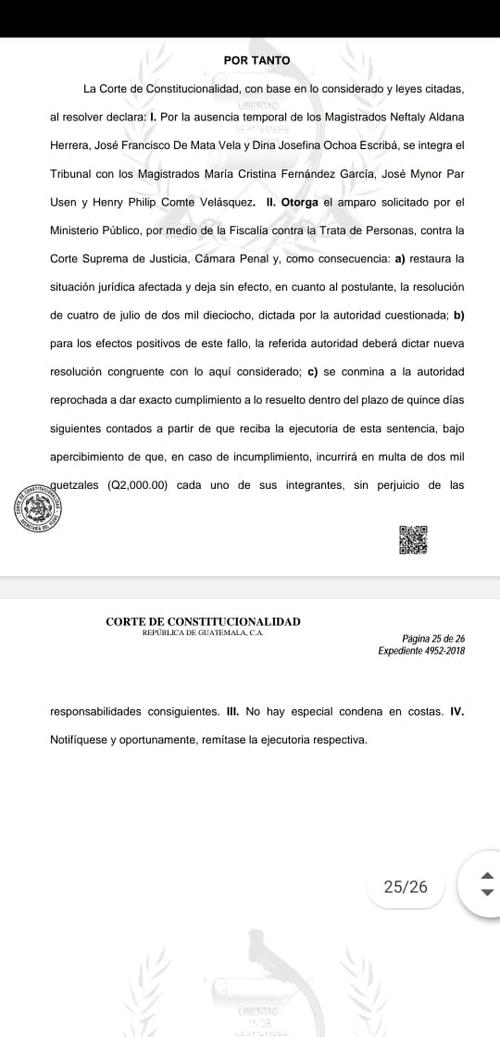 Parte resolutiva del fallo donde la CC ampara al MP en el caso contra Sandra Jovel. 