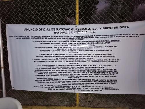 rayovac, fábrica, manufactura, guatemala, cierre definitivo, planta de baterías de zinc, soy502