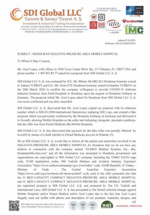 Carta enviada por SDI Global a las autoridades de Honduras.