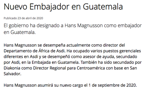 El Ministerio de Relaciones Exteriores de Suecia informó sobre la designación de Magnusson el pasado 23 de abril. 
