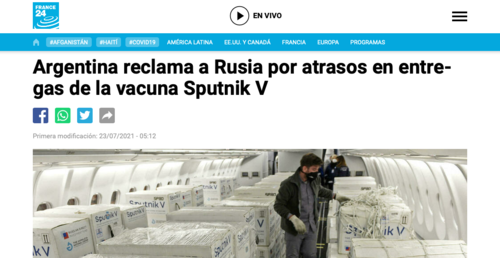 As&iacute; reportan los medios extranjeros los atrasos de entregas a varios pa&iacute;ses de la vacuna Sputnik, en esa nota Argentina reclamaba por la tardanza. (Foto: captura de pantalla)