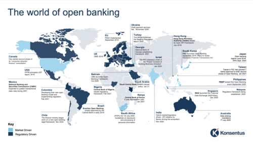 El mapa muestra la presencia de open banking en el mundo. (Gráfica: Konsentus)
