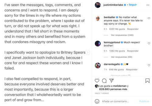 Así se disculpó Timberlake en su cuenta de Instagram