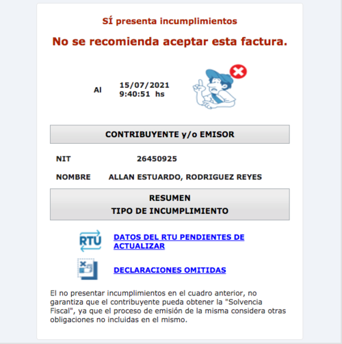 La SAT recomienda no usar las facturas de Rodr&iacute;guez por aparecer moroso. (Foto: captura de pantalla, portal SAT)