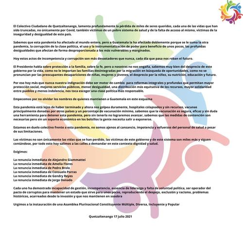 En un comunicado el Coletctivo  externa su decepción por la gestión de Giammattei. (Documento: Colectivo Ciudadano de Quetzaltenango)